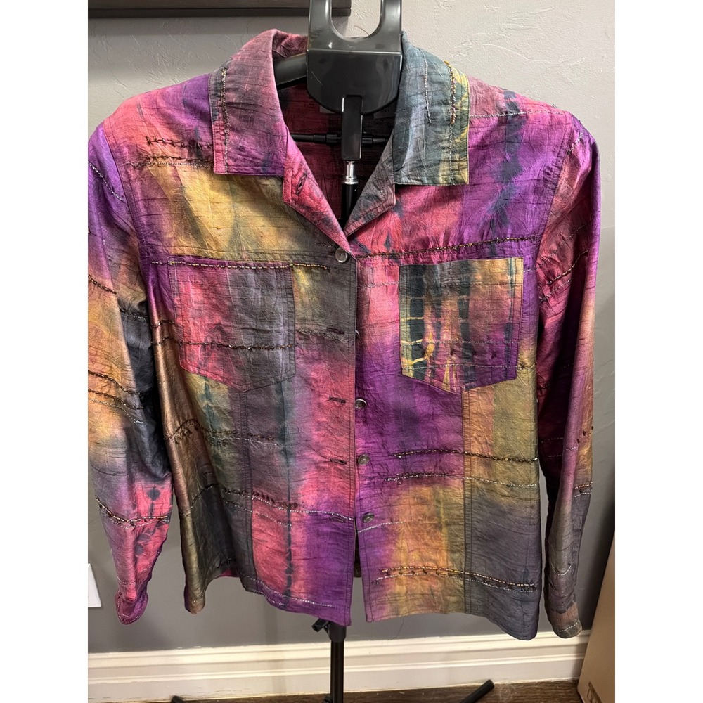Chicos Silk Beaded Embroidered Button Down Shirt Size 1 Art to Wear Batik Purple